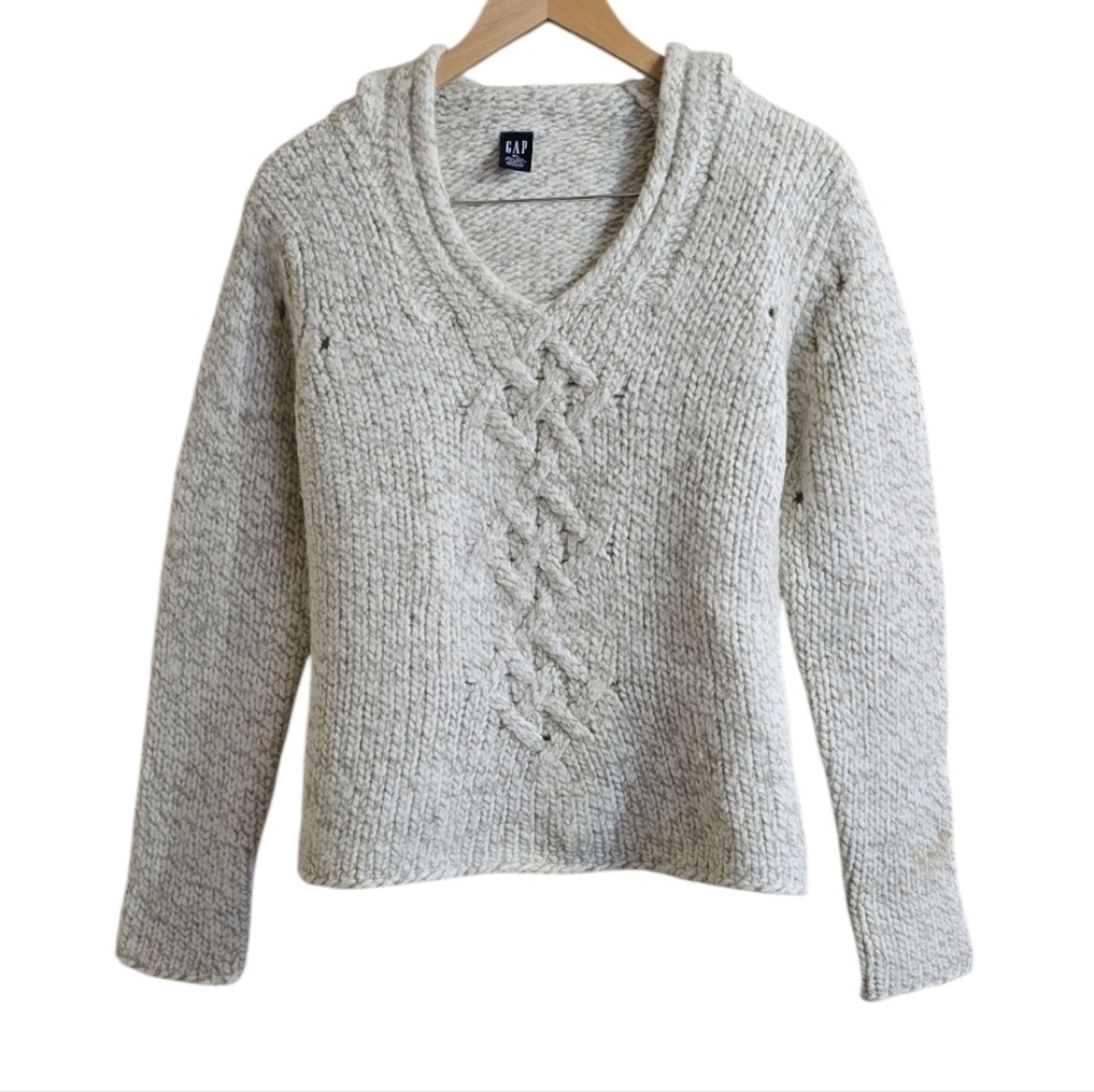 GAP Women's Wool Blend Chunky Thick Knit Cream Beige Hooded Sweater. Size XL